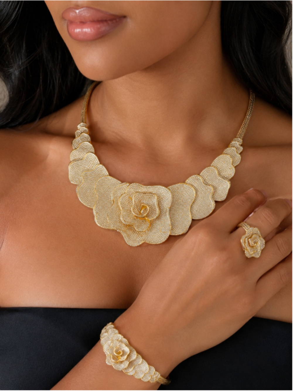 Women's Unbranded Gold & White Rose Necklace Set One Size